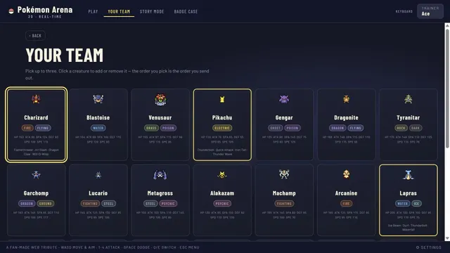 Team selection screen showing creatures, types and stats