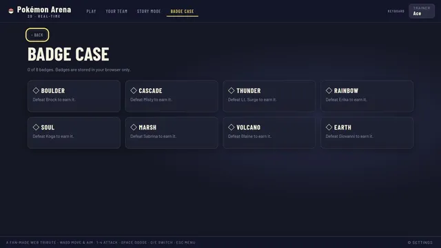 Badge Case screen with eight badges to earn