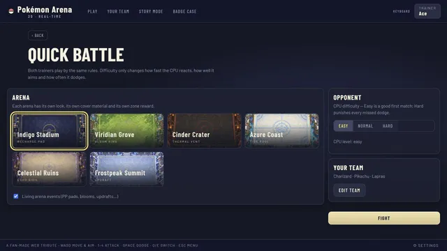 Quick Battle setup with six arena choices and CPU difficulty