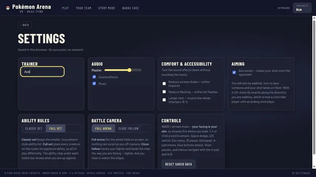 Settings for audio, comfort, aiming, ability rules and camera