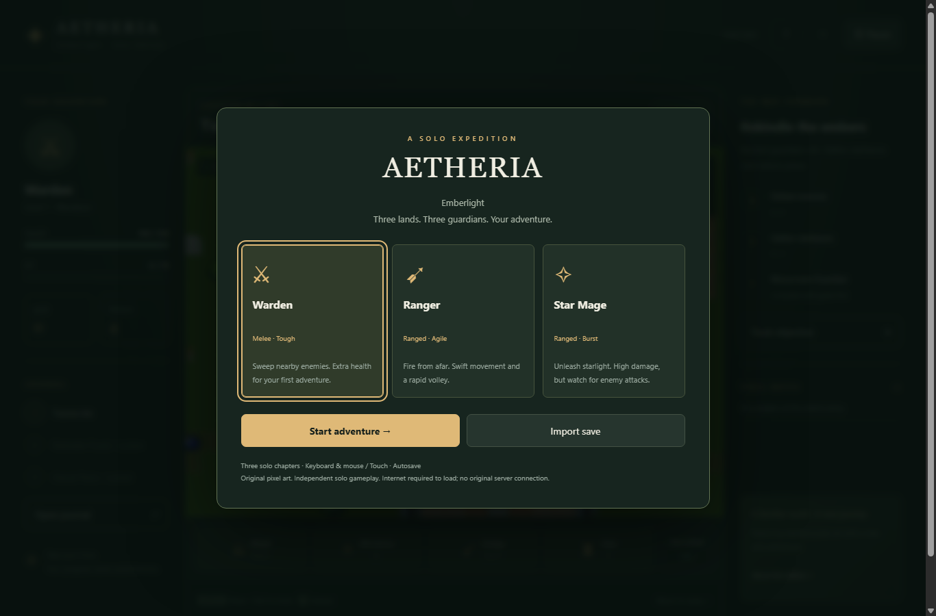Aetheria class selection showing Warden, Ranger, and Star Mage