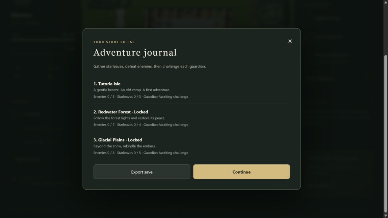 Adventure journal listing three regions and their objectives