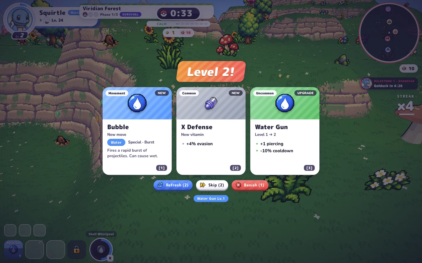 A level 2 choice between Bubble, X Defense, and a Water Gun upgrade