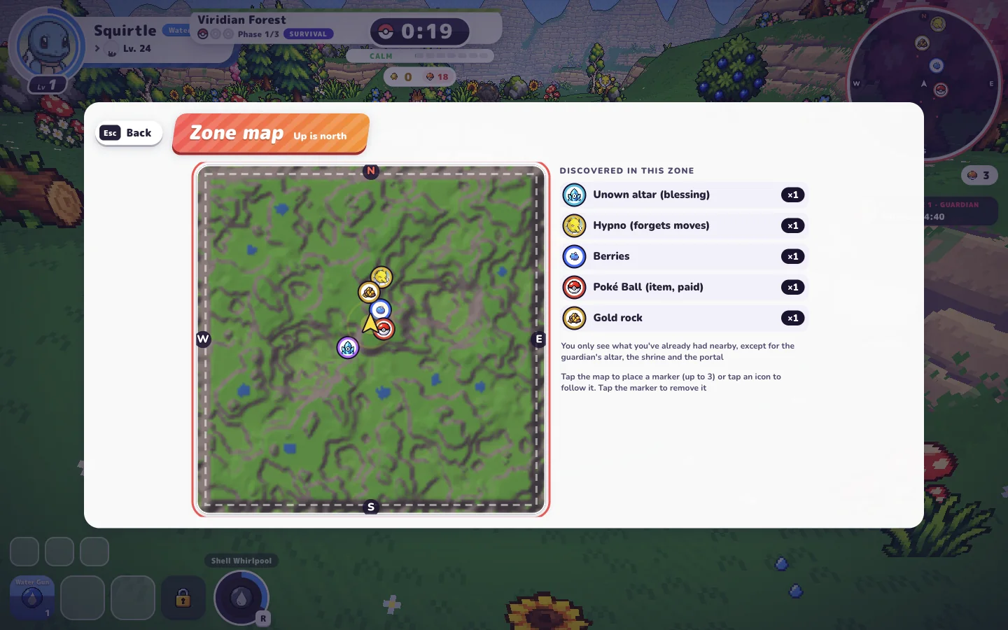 The Viridian Forest zone map and its discovered-location list