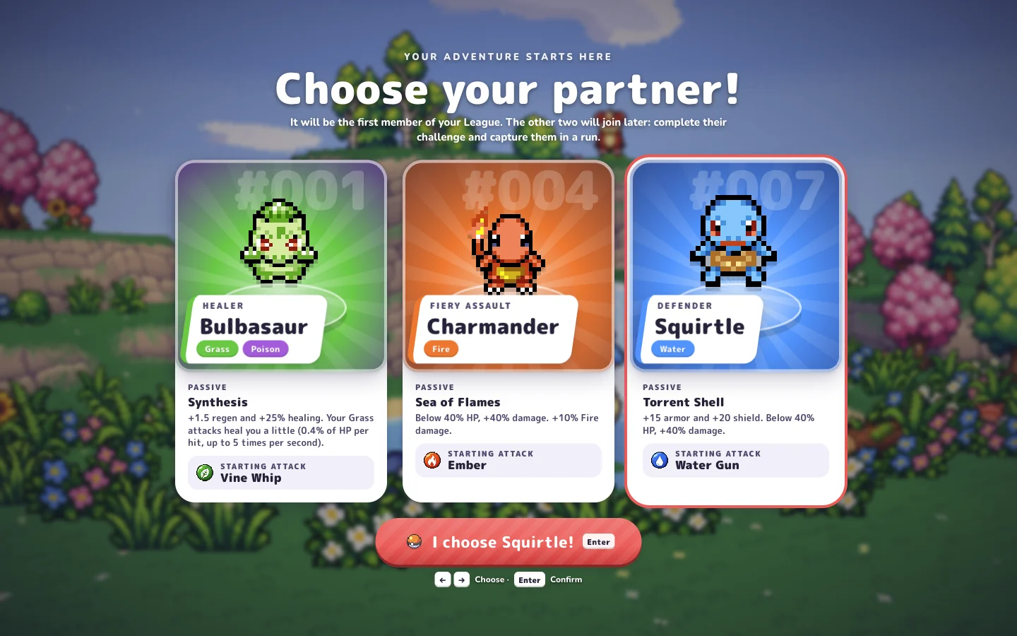 The partner selection screen with Bulbasaur, Charmander, and Squirtle